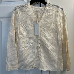 NWT LoveShackFancy Tandra V-Neck Blouse in Antique White Size 0